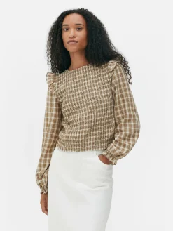 Geruite Blouse Met Lange Op Te Stropen Mouwen