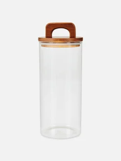 Glazen Pot Met Houten Handvat, Hoog