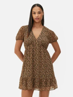 Mini-jurk Met Pofmouwen Van Chiffon