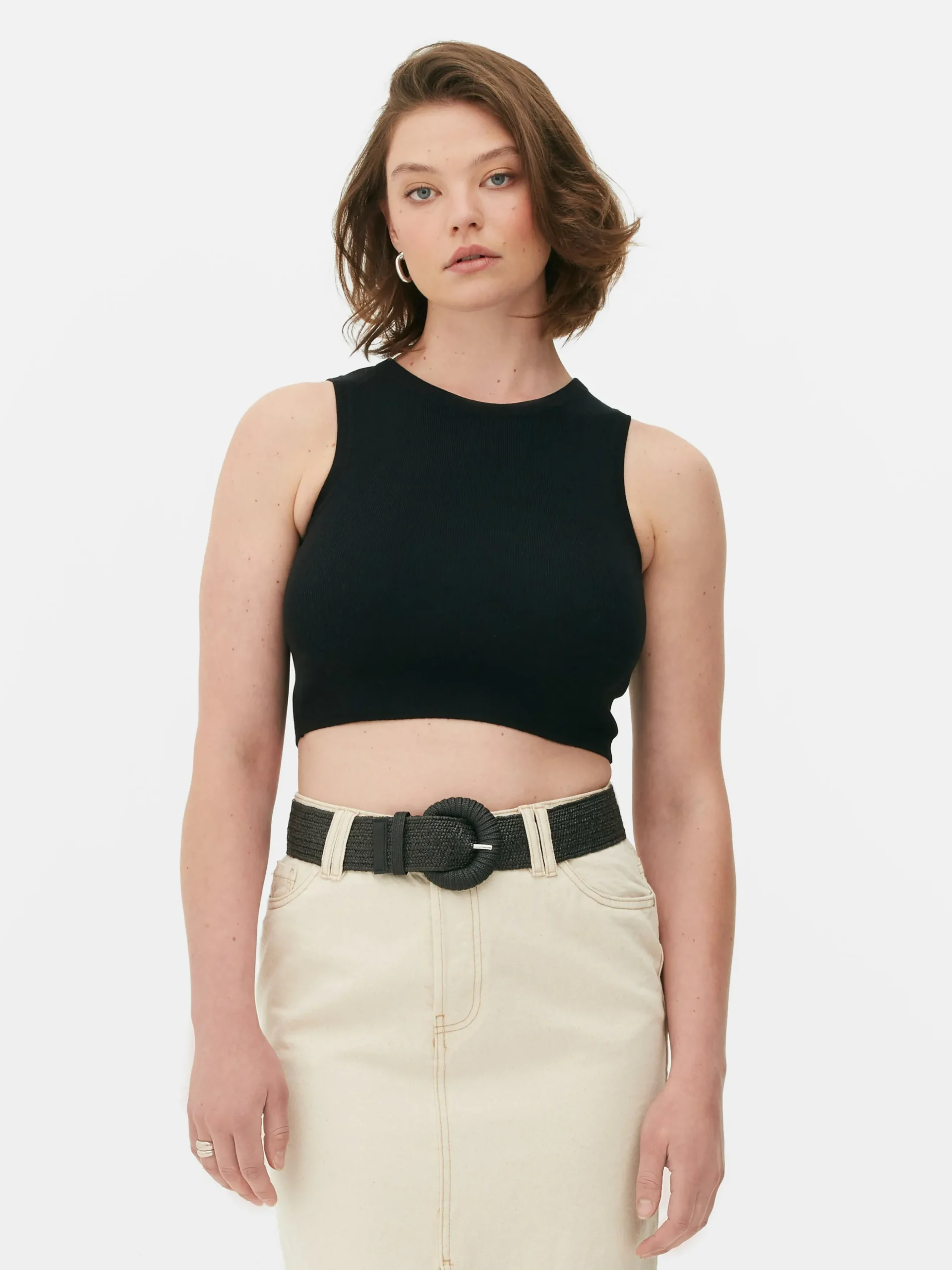 Ribgebreide Korte Tanktop Met Ronde Hals